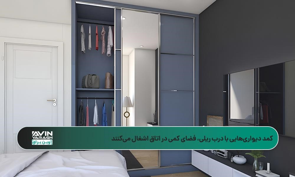اتاقخوابی مدرن با کمد دیواری سراسری ریلی آبی و آینهای