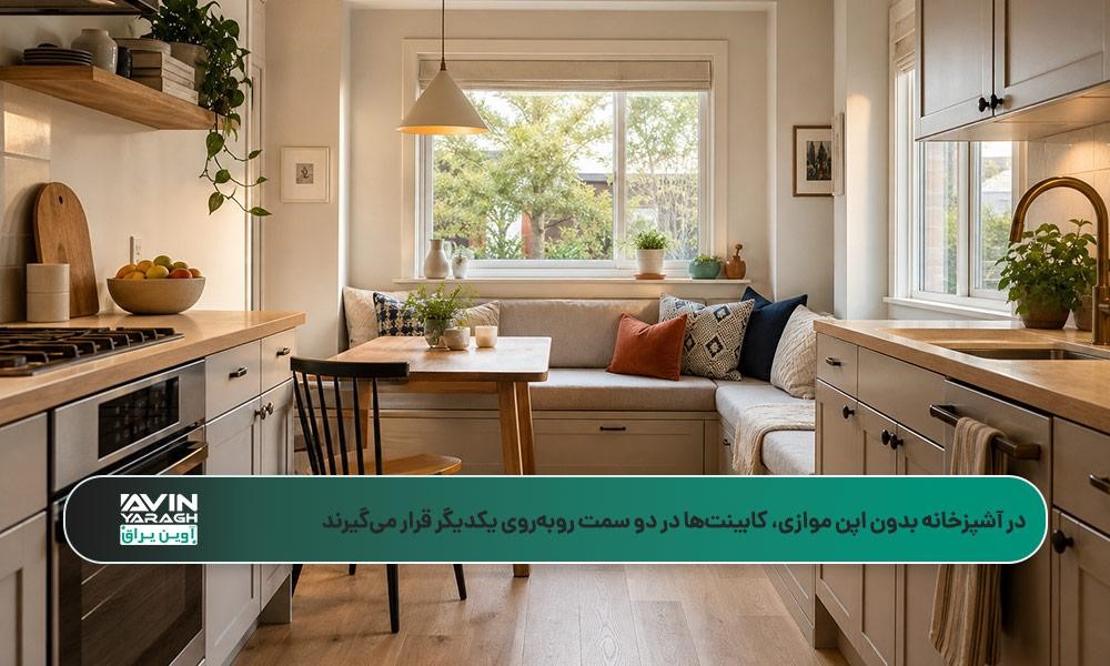 مدل آشپزخانه بدون اپن موازی با نیمکت توکار، فضای ذخیرهسازی زیر نیمکت و نور طبیعی کنار پنجره