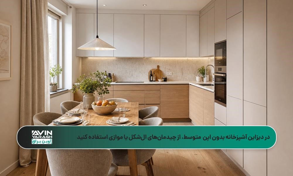 آشپزخانه بدون اپن متوسط، کابینتهای چوبی و سفید، میز ناهارخوری و نورپردازی سقفی