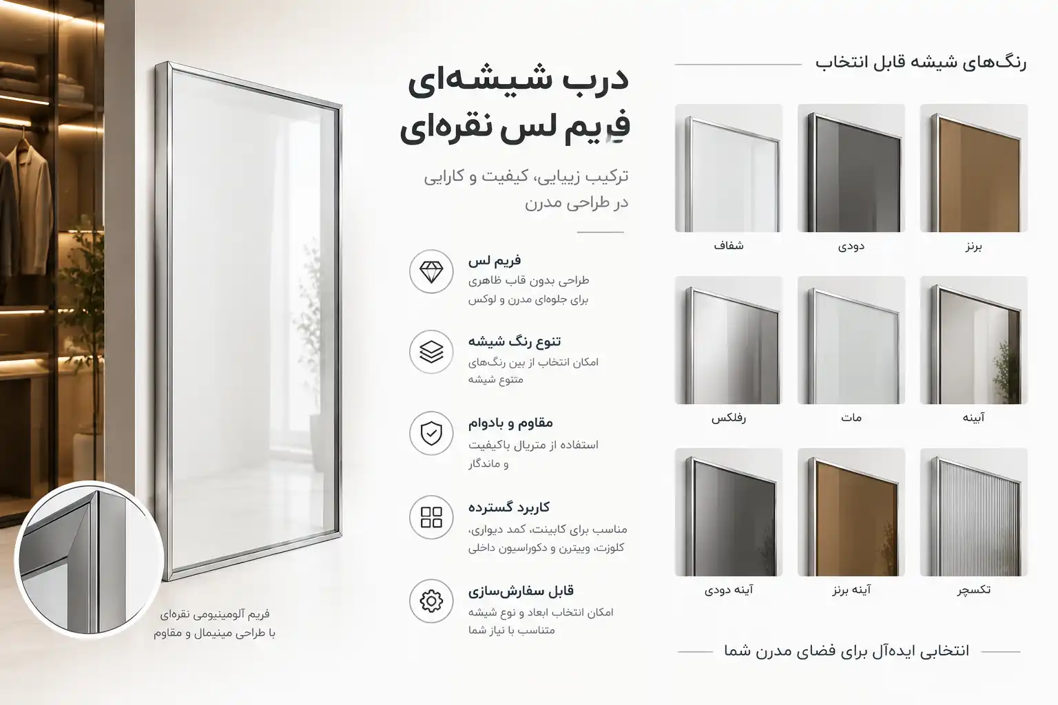 درب شیشه ای فریم لس نقره ای