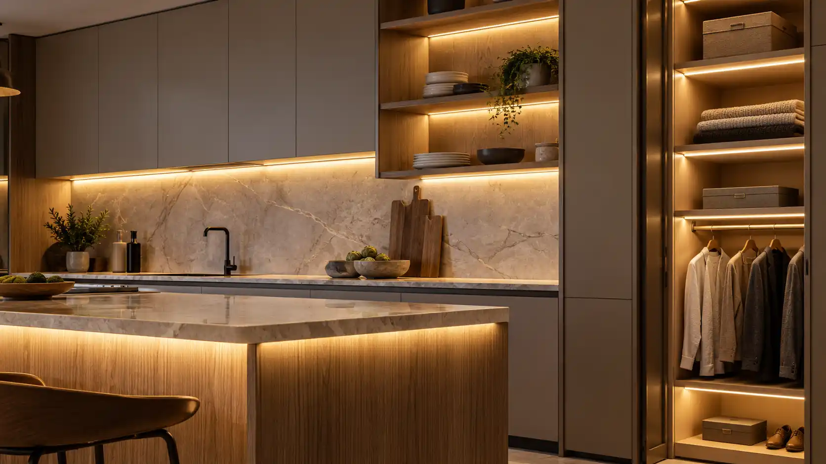 لاین نوری کابینت آشپزخانه با چراغ ال ای دی خطی زیر کابینتی و نور آفتابی